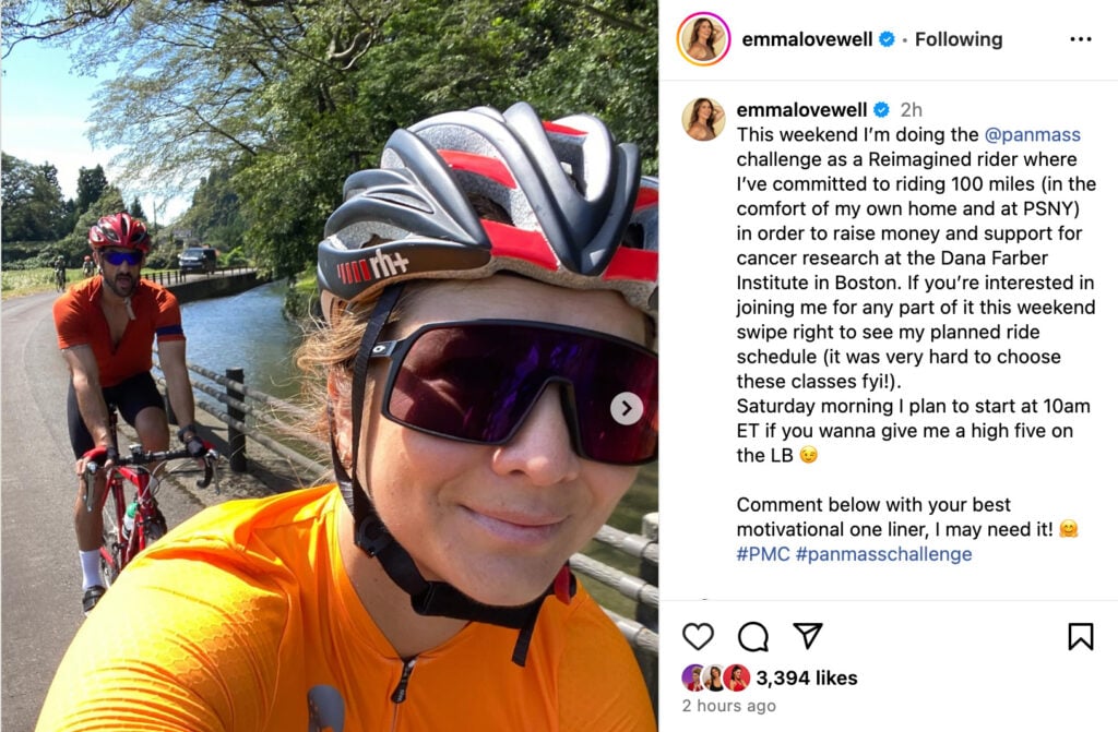 Emma Lovewell's Instagram post announcing 100 mile ride on June 14-16